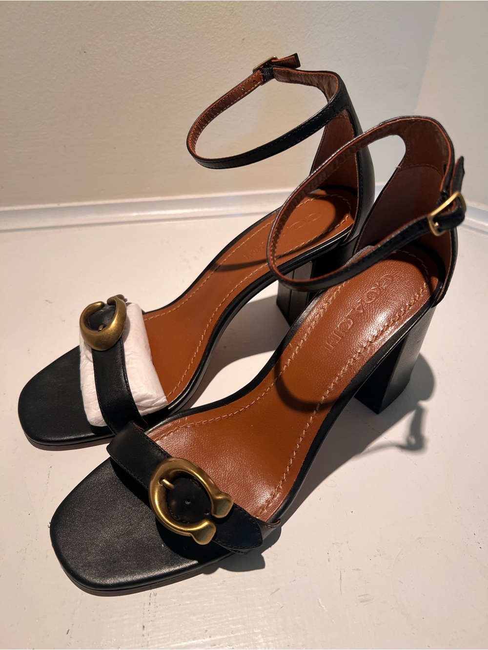 COACH Black Leather Ankle-Strap Block Heels with Gold Accent - Picture 5 of 8